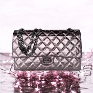 CHANEL Reissue 2.55 Metallic Pink Aged Calfskin Double Flap Gunmetal Ruthenium